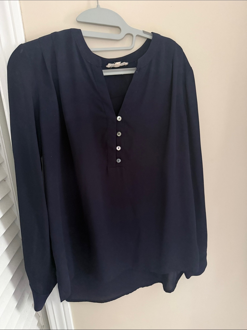 Pleione Navy Long-Sleeve Henley Blouse